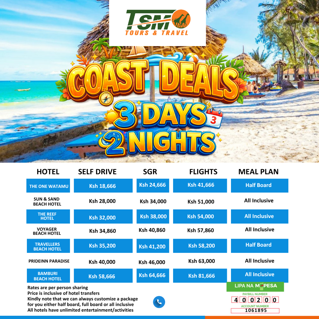 Vibrant coastal travel deals poster for TSM Tours & Travel.